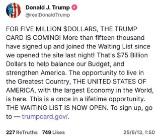 特朗普：五百万美金的“特朗普卡”来了！ 已有超1.5万人加入等候名单