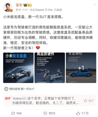 小米“蛟龙底盘”命名引争议，此前已注册“小米龙骨、小米龙鳞”等多个龙字商标\n